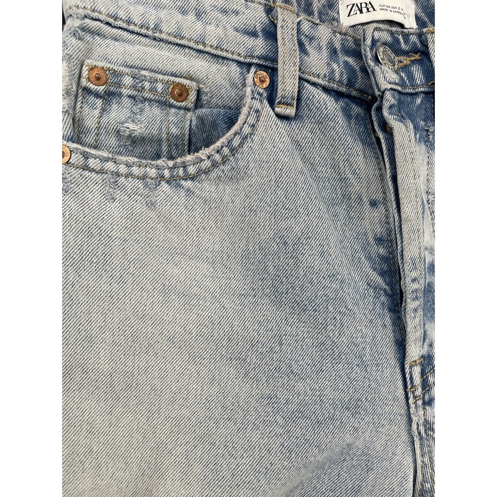 Zara Women's Light Wash Cropped Straight Leg Jeans Raw Hem Distressed Size 2 - Picture 9 of 9